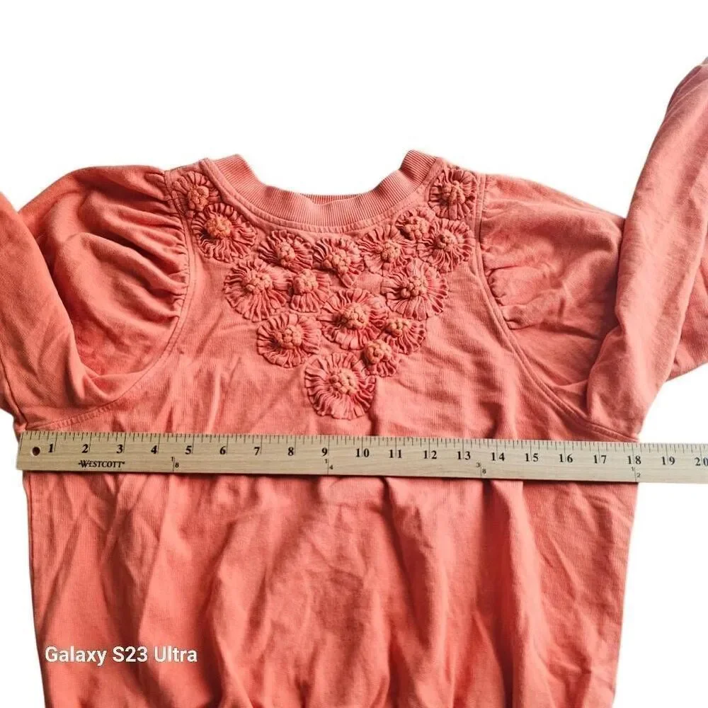 Anthropologie daily practice Sz S orange puff sweatshirt 3D floral